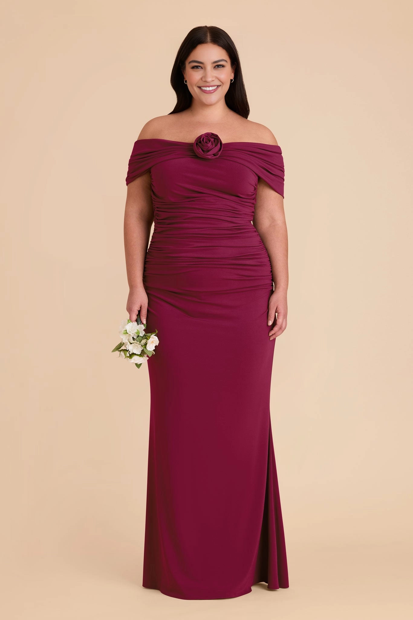 Elegant Off‑the‑Shoulder Ruched Mermaid Twist‑Back Maxi Plus Size Bridesmaid Dress