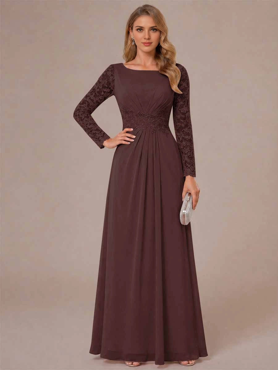 Elegant A Line Boat Neck Long Sleeve Zip Back Long Mother Of Bride Dress