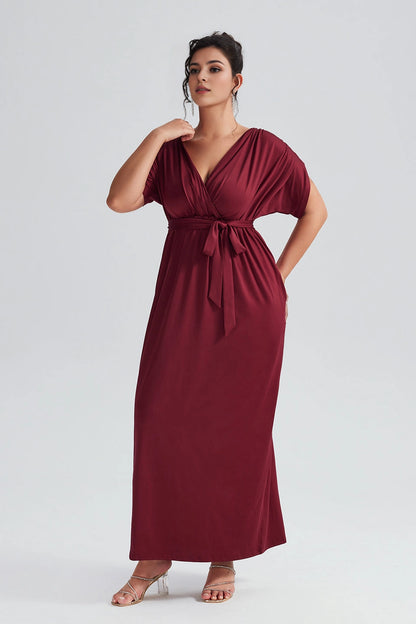 Navy Plus Size A‑Line Wrap V‑Neck Dolman‑Sleeve Pleated‑Back Floor‑Length Prom Dress