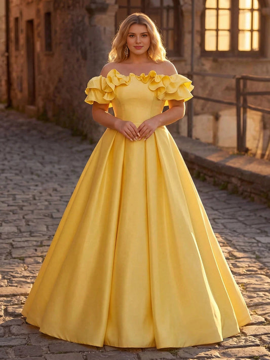 Roselledress plus size yellow satin prom dress off‑the‑shoulder double ruffle short sleeve a‑line floor length front view