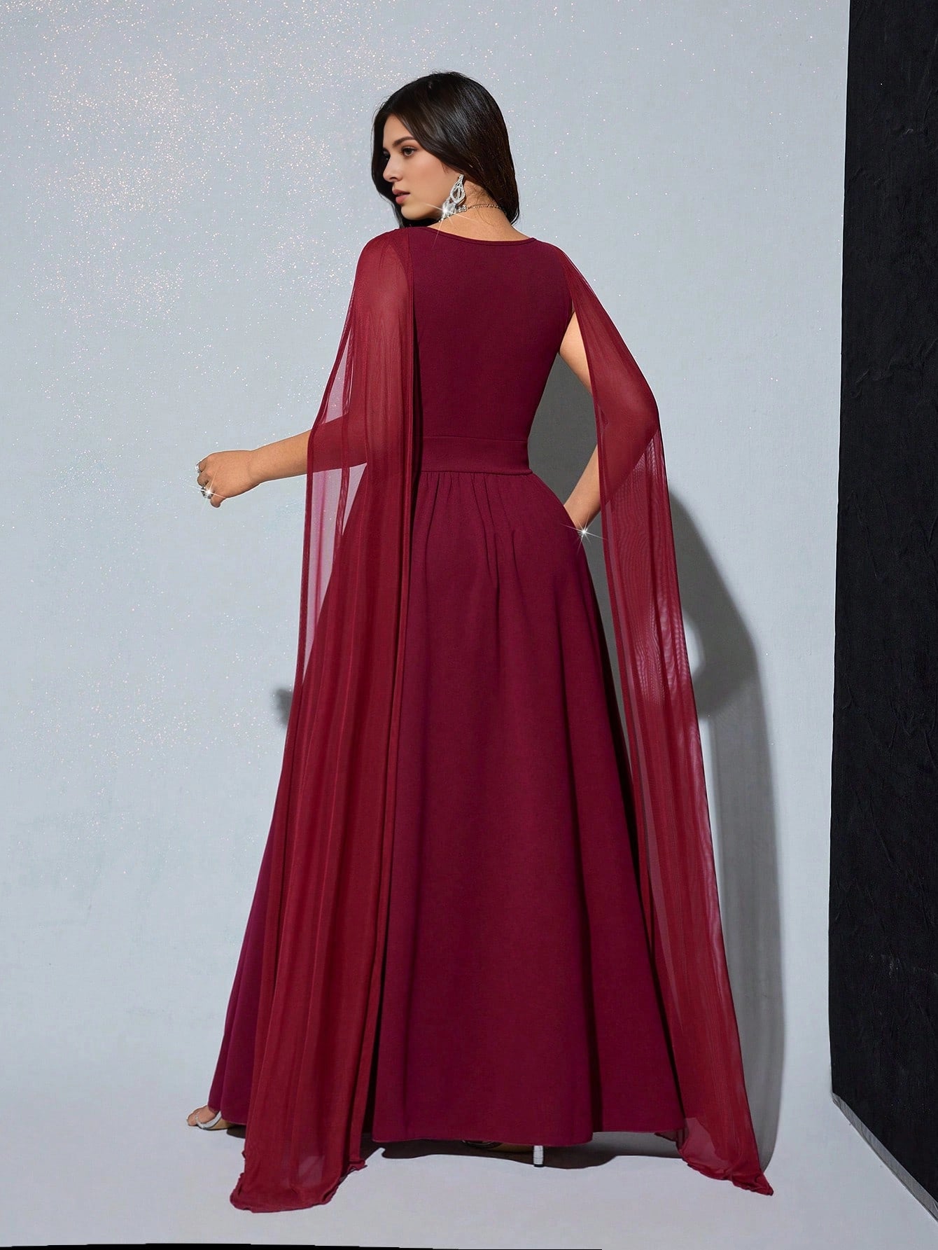 Roselledress plus size evening gown solid round back zipper closure burgundy cape chiffon formal dress rear view