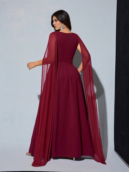 Roselledress plus size evening gown solid round back zipper closure burgundy cape chiffon formal dress rear view
