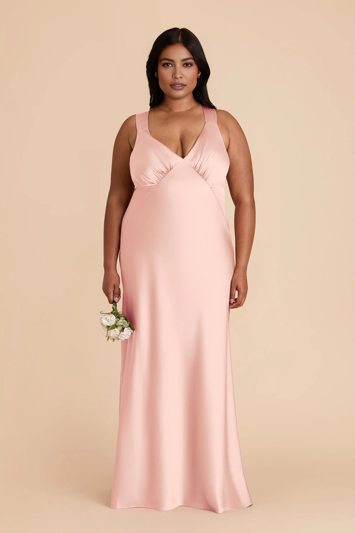 Soft Satin Mermaid V Neck Sleeveless Cross Back Maxi Plus Size Bridesmaid Dress