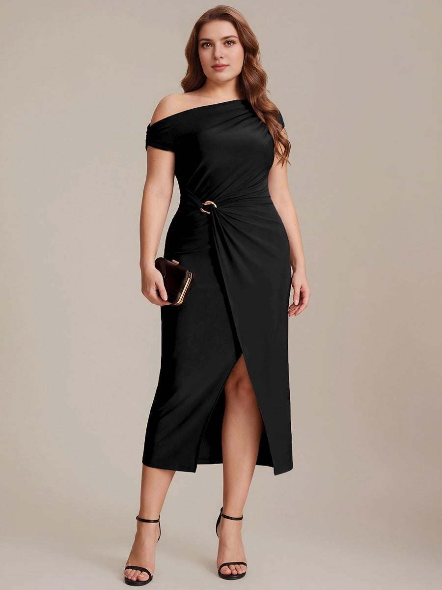 Roselledress Slim Midi Off-Shoulder Short-Sleeve Solid-Back Slit-Length Plus Size Weeding Guest Dress