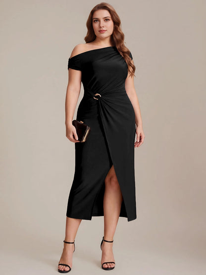 Roselledress Slim Midi Off-Shoulder Short-Sleeve Solid-Back Slit-Length Plus Size Weeding Guest Dress