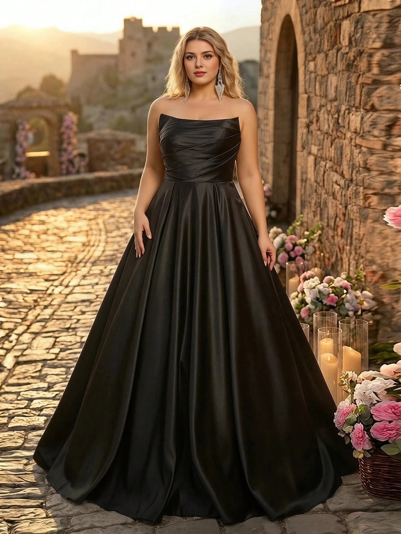 Black Plus Size Ball‑Gown Off‑The‑Shoulder Detachable‑Puff‑Sleeve Lace‑Up‑Back Floor‑Length Prom Dress