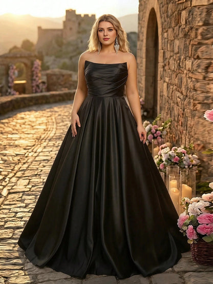 Black Plus Size Ball‑Gown Off‑The‑Shoulder Detachable‑Puff‑Sleeve Lace‑Up‑Back Floor‑Length Prom Dress