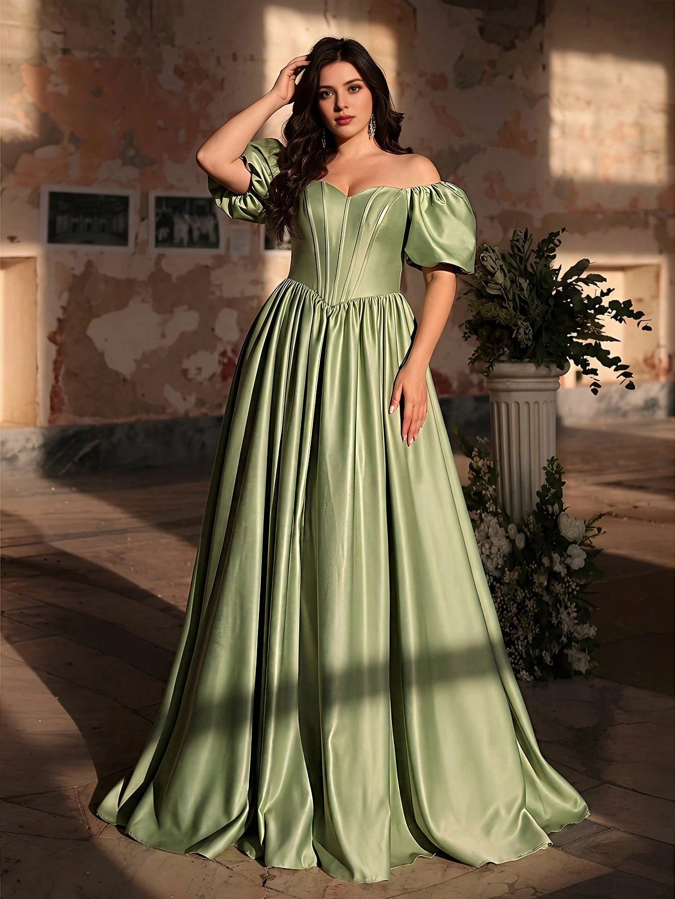 Plus Size Sage‑Green A‑Line Off‑The‑Shoulder Puff‑Sleeve Corset‑Back Floor‑Length Prom Dress