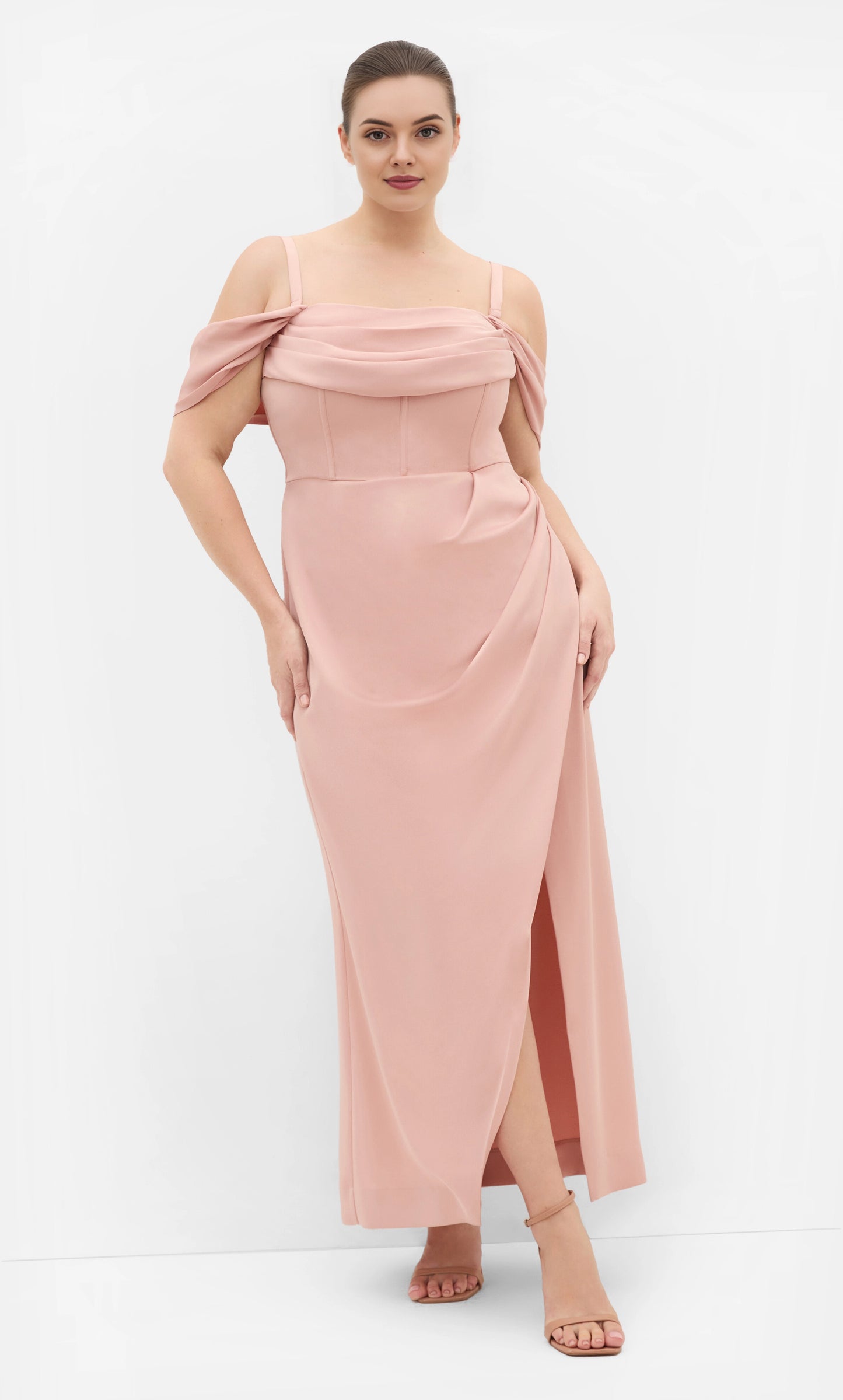 Plus‑Size Off‑The‑Shoulder Draped Satin Corset Bodice High Slit Column Maxi Wedding Guest Dress