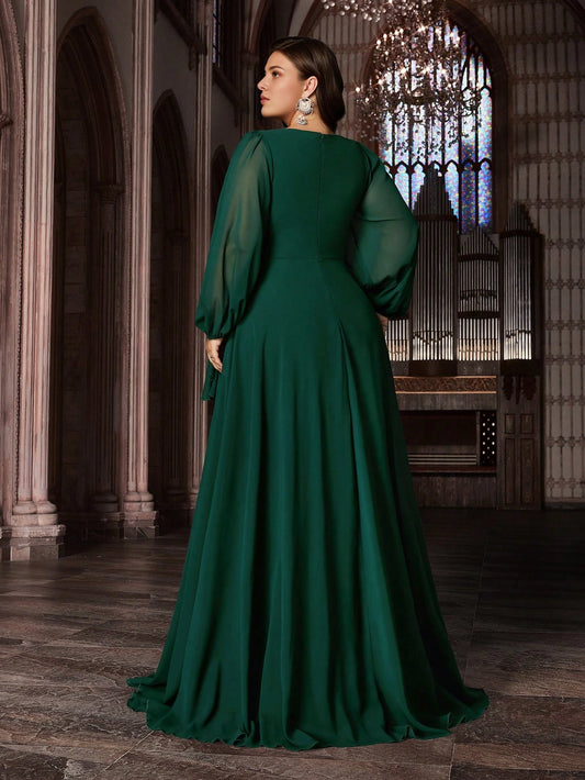 Roselledress plus size evening gown solid zipper back emerald a‑line formal dress rear view