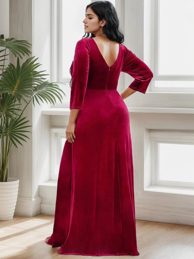 Roselledress burgundy velvet plus size formal dress deep v‑back floor‑length evening gown back view