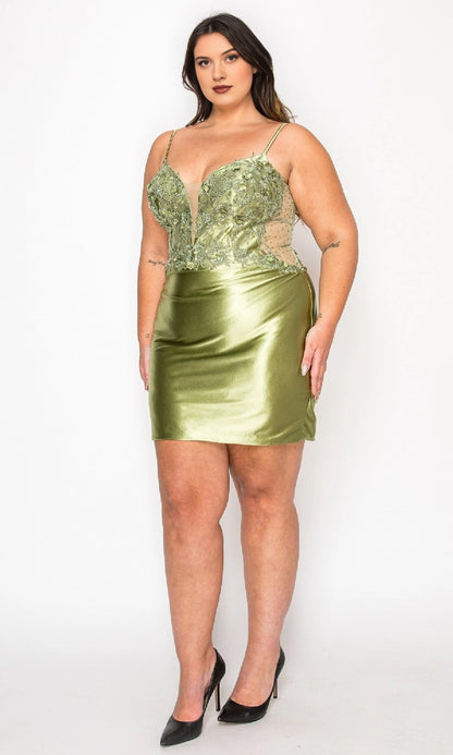Stunning Plus Size Bodycon V-Neck Lace-Up Short Sage Satin Homecoming Dress
