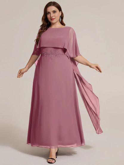 RoselleDress dusty pink chiffon boat neck cape sleeve plus size floor length wedding guest dress with lace waist applique