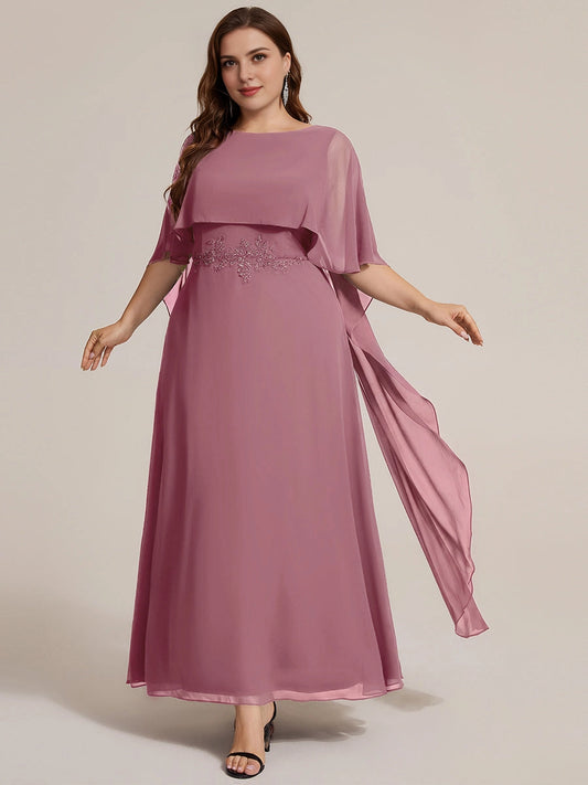 RoselleDress dusty pink chiffon boat neck cape sleeve plus size floor length wedding guest dress with lace waist applique