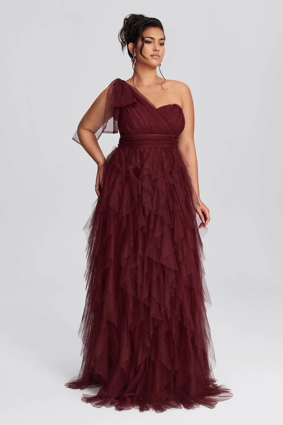 Peacock Plus Size A-Line One Shoulder Closed Back Long Prom Dress