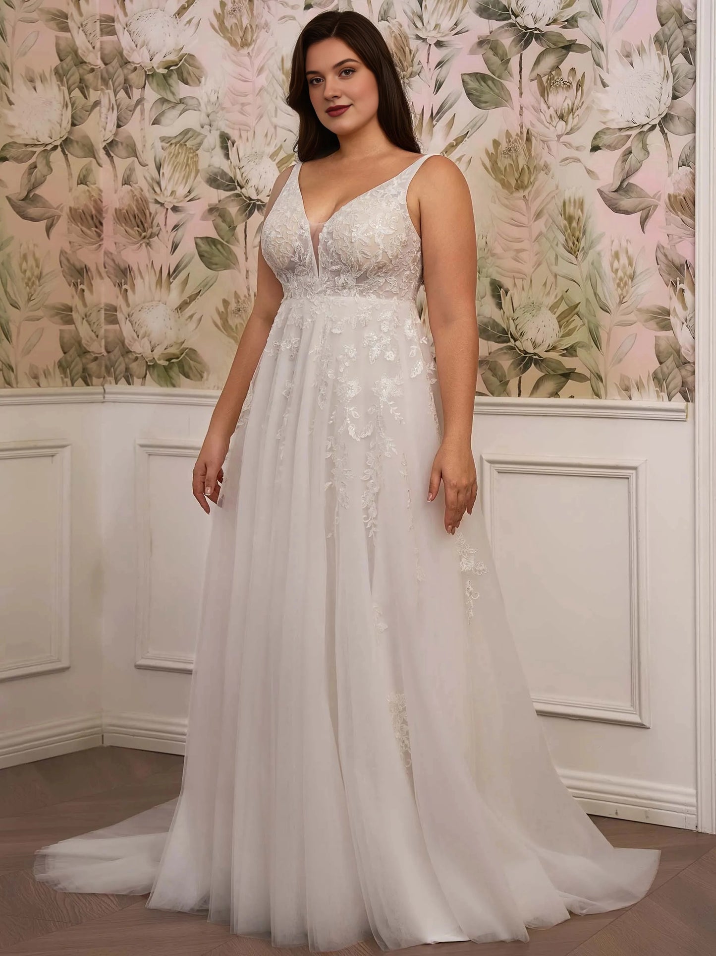 Elegant A‑Line V‑Neck Sleeveless U‑Back Court‑Train Plus Size Wedding Dress