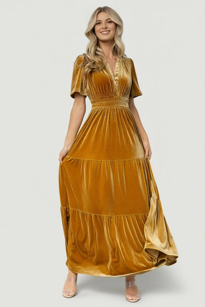 Emerald A‑Line V‑Neck Short‑Sleeve Smocked‑Back Floor‑Length Mother Of Bride Dress