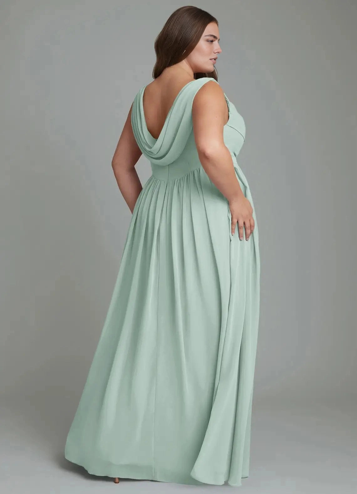roselledress sage green plus size maxi dress draped cowl back sleeveless a-line bridesmaid gown back view