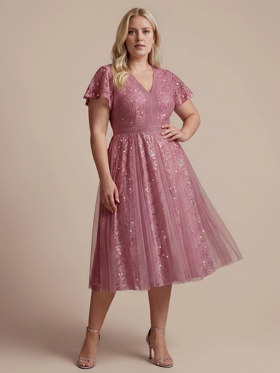 A-Line V Neck Flutter Sleeve Back Zipper Midi Length Plus Size Sequin Lace Wedding Guest Dress
