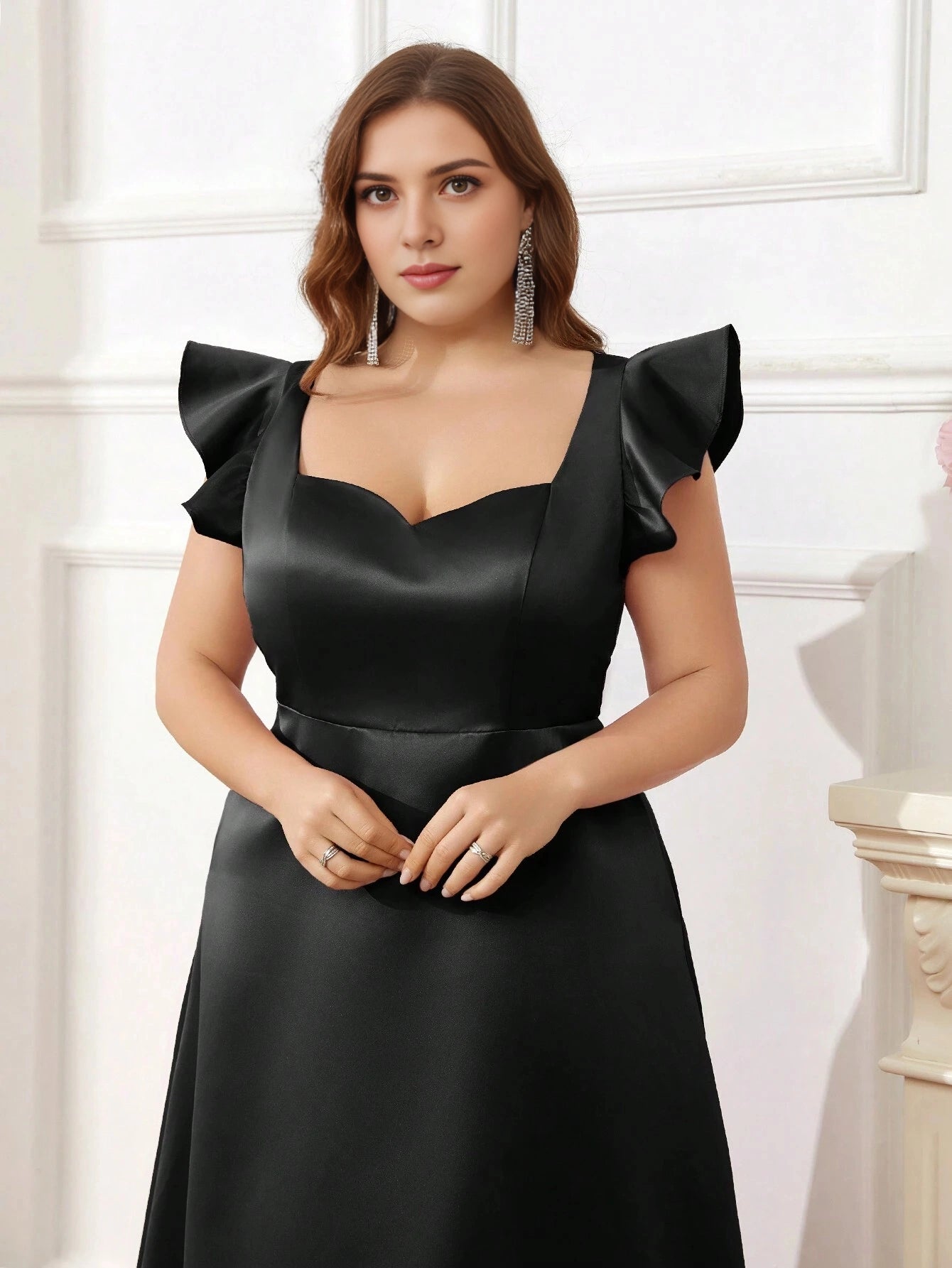 Black Plus‑Size A‑Line Sweetheart Ruffle‑Sleeve Zipper‑Back Floor‑Length Prom Dress