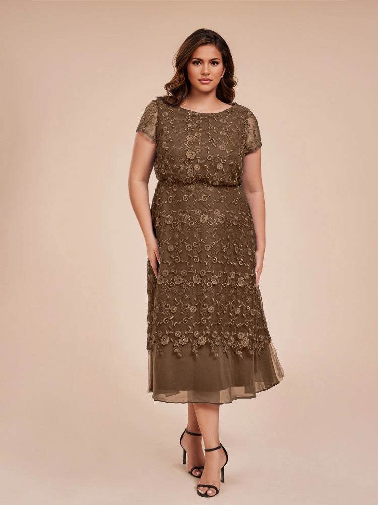 Elegant A‑Line Round Neck Short Sleeve Zipper‑Back Midi Length Formal Plus Size Mother Of The Bride Dress