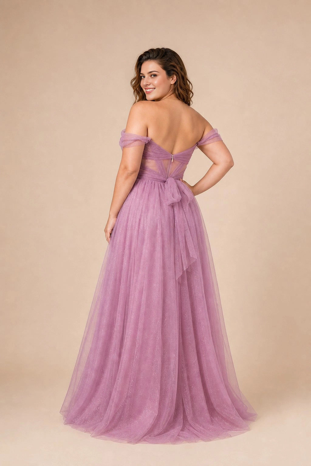 Dreamy A Line Off Shoulder V Back Bow Zipper Back Plus Size Glitter Tulle Maxi Prom Dress