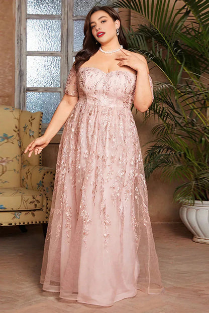 Romantic A‑Line Off‑The‑Shoulder Short‑Sleeve Zip‑Back Floor‑Length Plus Size Prom Dress