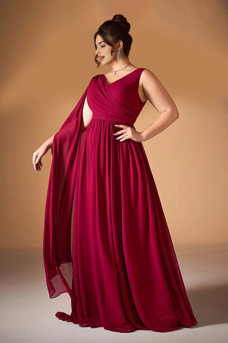 Burgundy Plus Size A-Line V-Neck Sleeveless V-Back Long Prom Dress