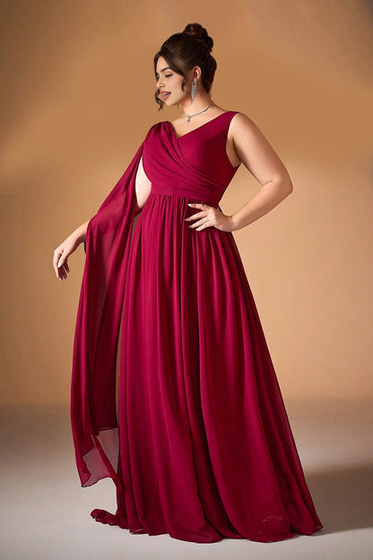Burgundy Plus Size A-Line V-Neck Sleeveless V-Back Long Prom Dress