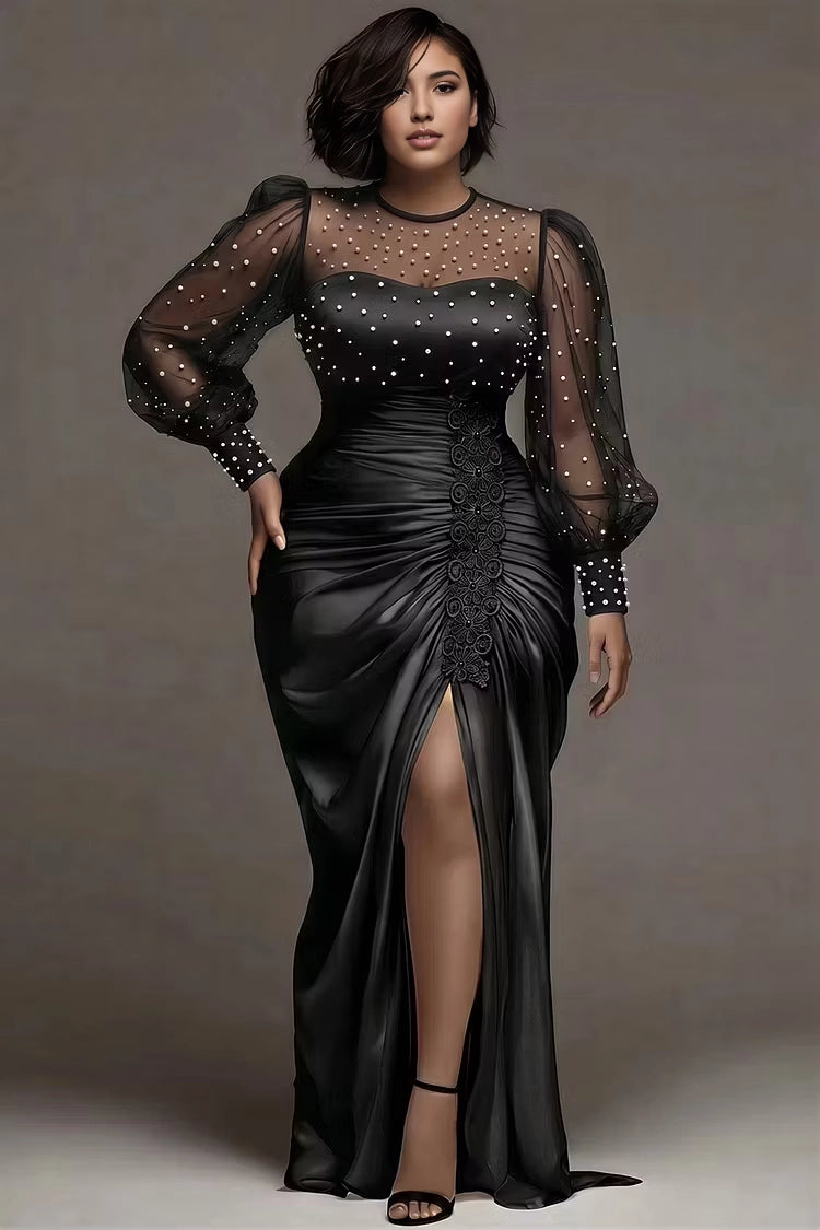 Roselledress White Mermaid High Neck Pearl Sheer Puff Sleeve Satin Slit Plus Size Prom Dress