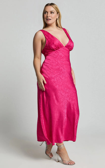 Satin Jacquard V Neck Sleeveless Cutout Back Midi Plus Size Wedding Guest Dress