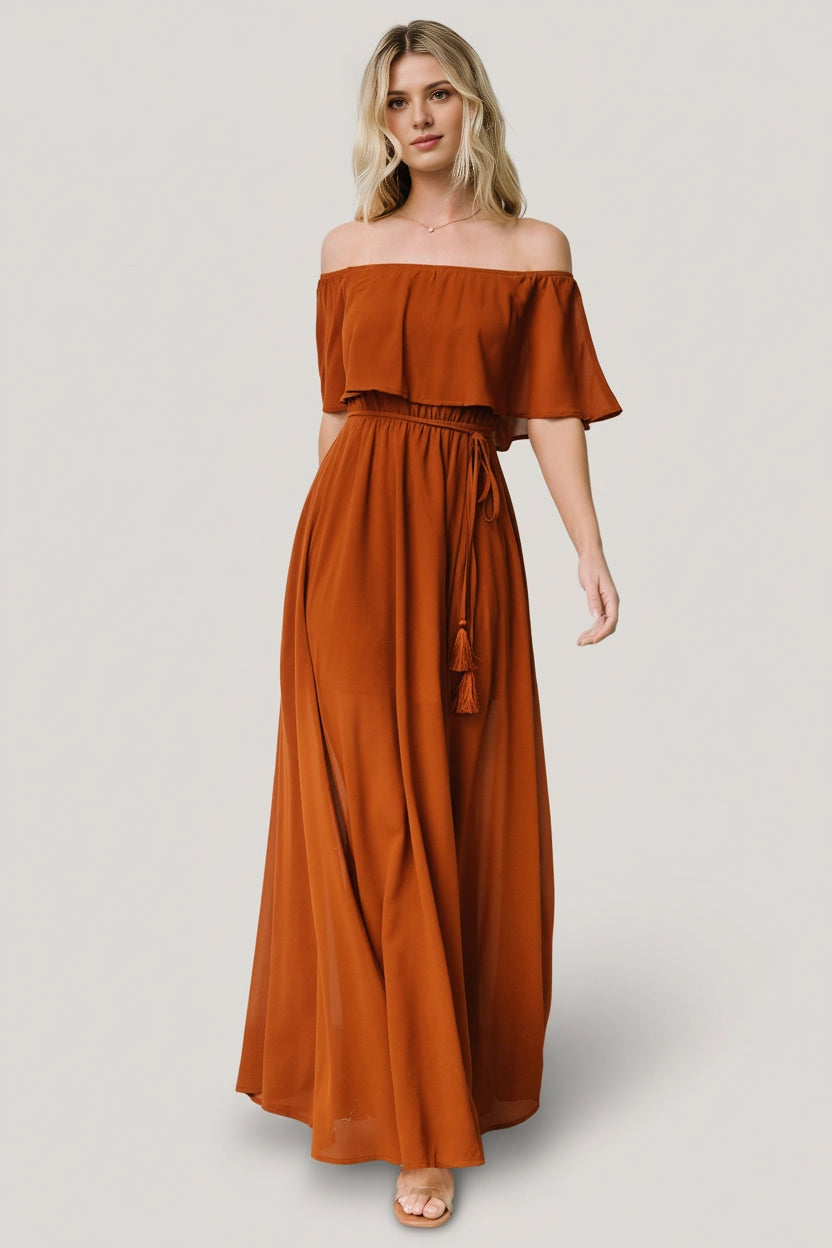 Flowy A-line Off-The-Shoulder Ruffle Sleeve Open-Back Mother Of Bride Dress