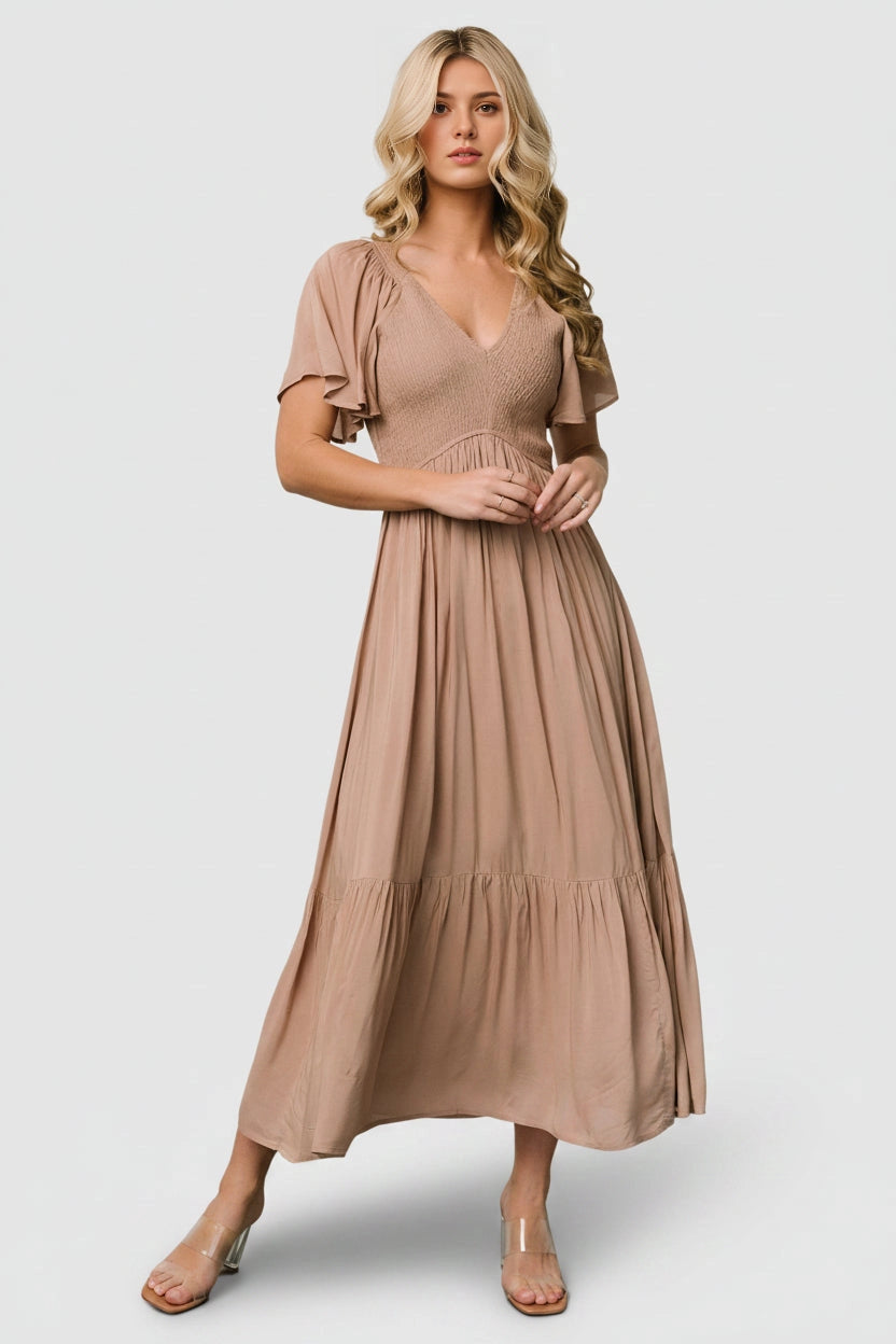 Soft A-Line V-Neck Flutter-Sleeve Smocked-Back Midi Mother Of Bride Dress