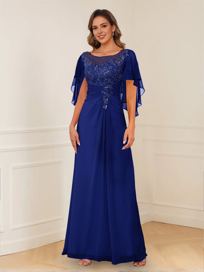 Ruched A-Line Bateau-Neck Flutter-Square-Back Floor-Length plus size Mother Of Bride Dress