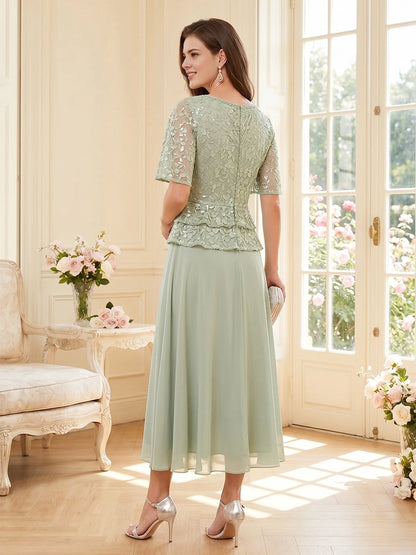 back view Roselledress curvy sage chiffon midi dress full lace zip back wedding guest dress