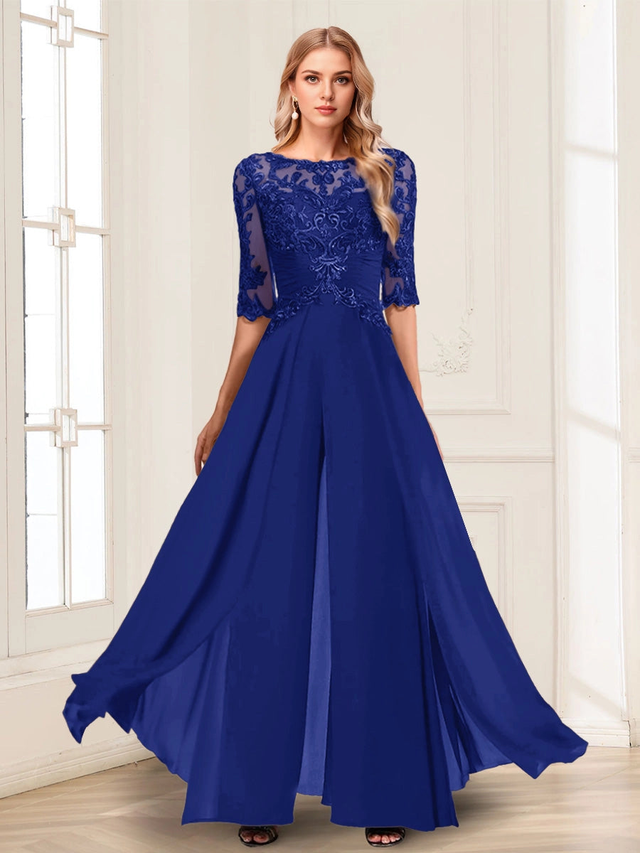 Luxury Jumpsuit Boat Neck 3/4 Sleeve Illusion Back Long Mother Of Bride Dress