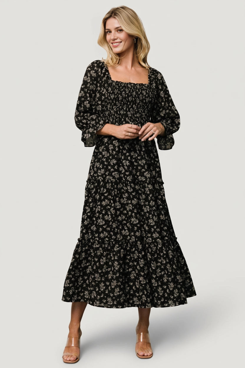 roselledress black ditsy floral maxi dress square neck puff sleeve tiered casual wedding guest gown