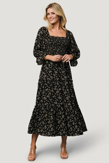 roselledress black ditsy floral maxi dress square neck puff sleeve tiered casual wedding guest gown