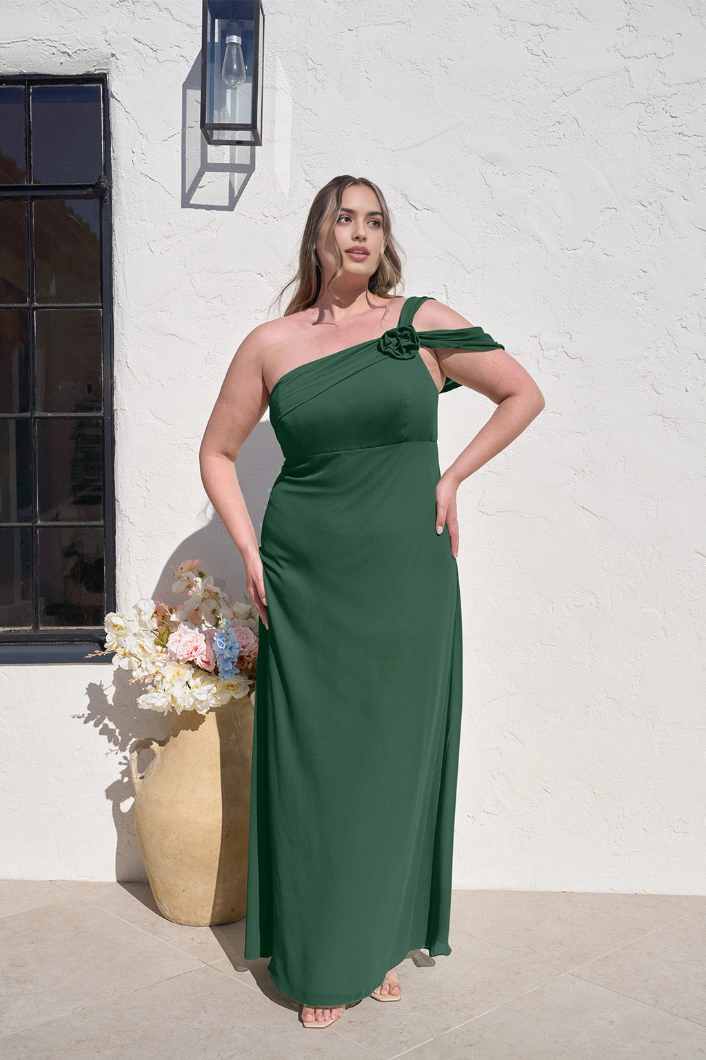 Elegant Sheath One Shoulder Floral Detail Zipper Back Plus Size Maxi Bridesmaid Dress