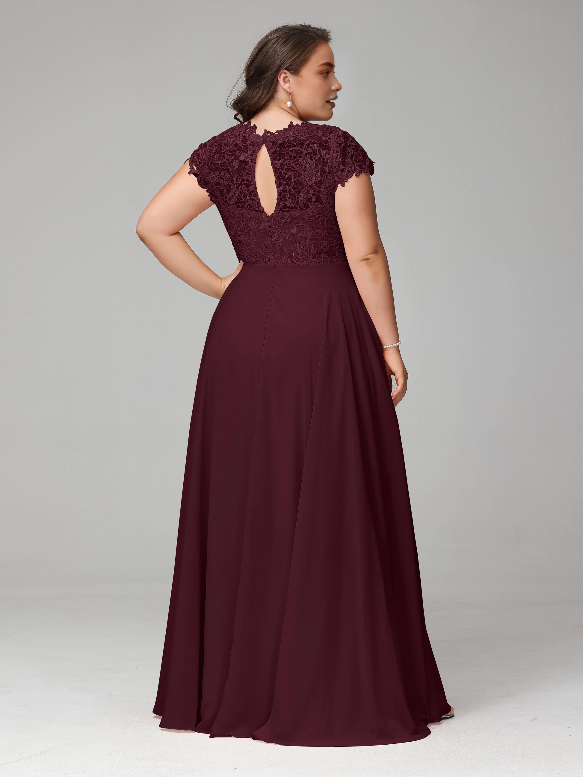 Back view Roselledress burgundy lace chiffon mother of bride dress keyhole back floor length plus size