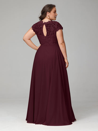 Back view Roselledress burgundy lace chiffon mother of bride dress keyhole back floor length plus size