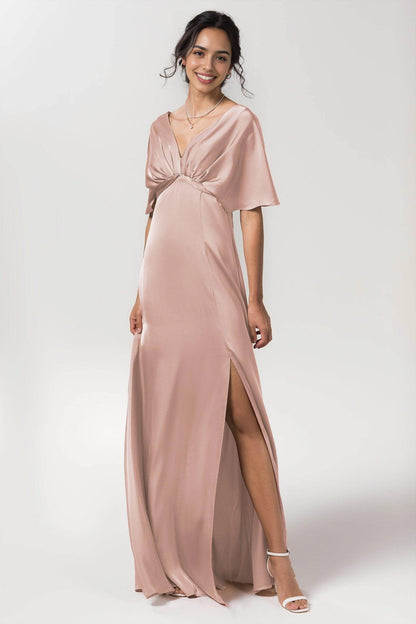 Elegant Plus Size Sheath V Neck Flutter Sleeve Bow Back Long Bridesmaid Dress