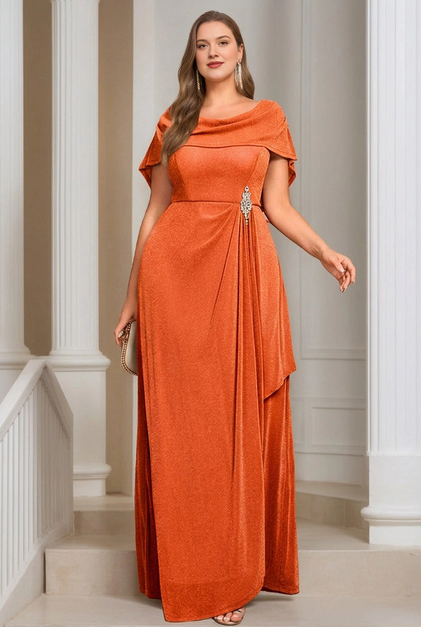 Plus Size Cowl Neck Rhinestone Brooch Draped Long Mother of Bride Dress