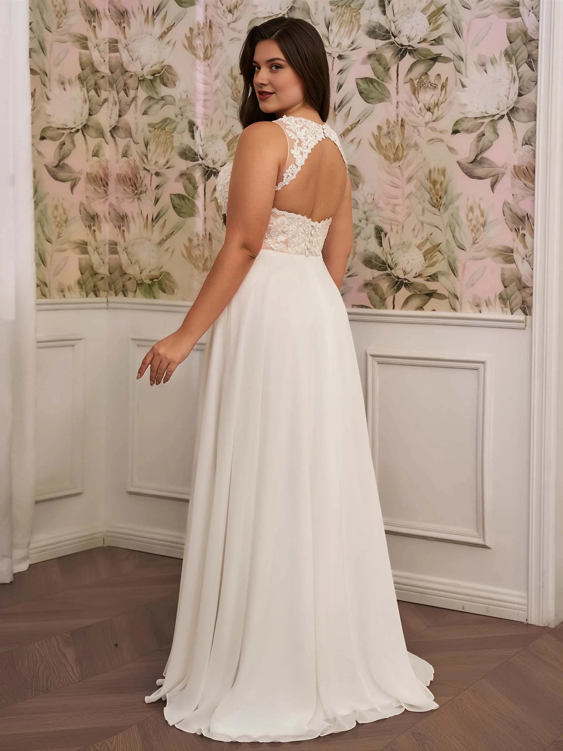 Back view Roselledress plus‑size bridal gown keyhole lace open back sleeveless chiffon floor‑length wedding dress