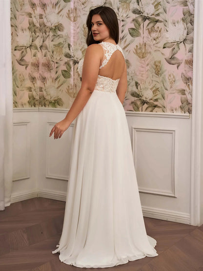 Back view Roselledress plus‑size bridal gown keyhole lace open back sleeveless chiffon floor‑length wedding dress