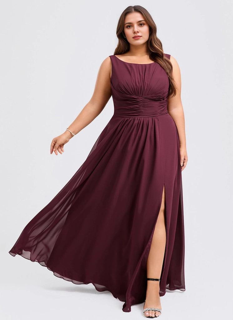 Flowy Plus Size A-Line Bateau Sleeveless Ruched V-Back Floor-Length Mother Of Bride Dress