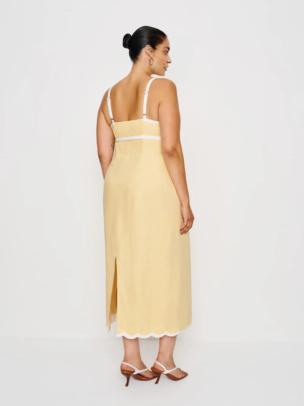 roselledress cream white plus size midi dress back ruched detail ruffle hem split back spaghetti straps soft romantic wedding guest gown back view