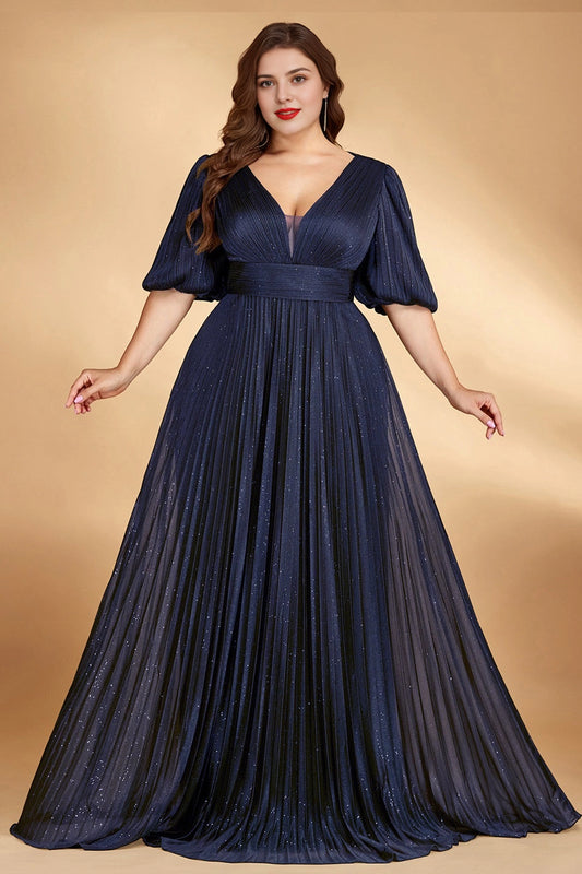 Roselledress plus size sparkly navy pleated prom gown v‑neck puff sleeve front view
