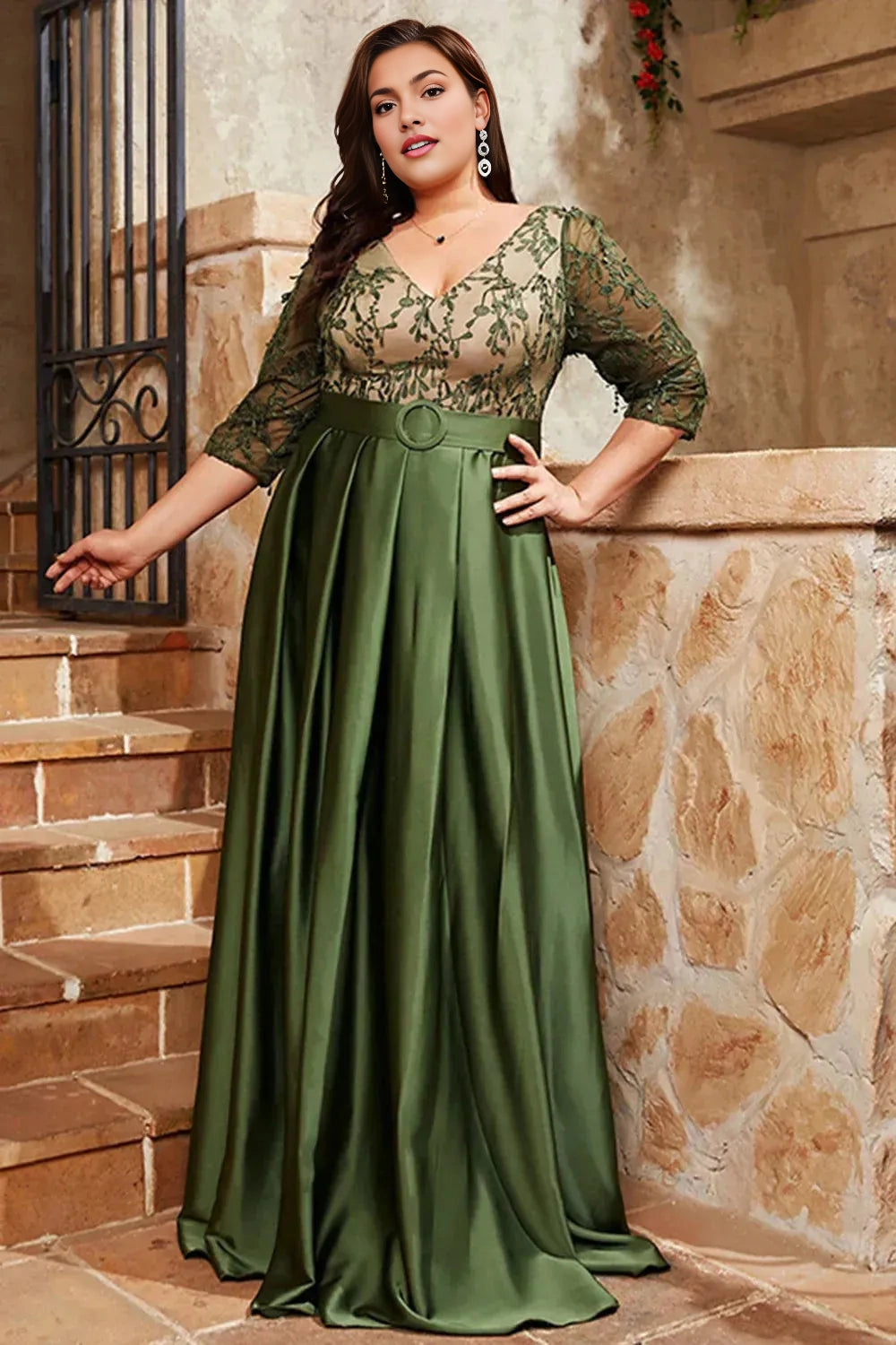 Luxurious A‑Line V‑Neck 3/4‑Sleeve V‑Back Floor‑Length Plus Size Mother Of The Bride Dress