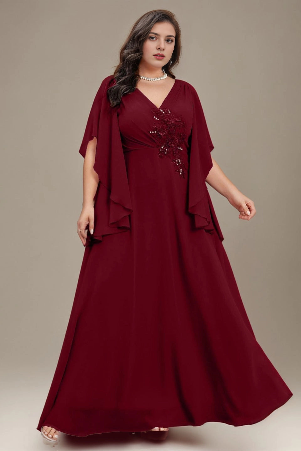 Dark Green Plus Size A‑Line V‑Neck Cape‑Sleeve Cowl‑Back Floor‑Length Prom Dress
